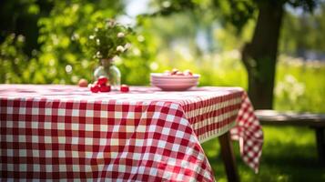 vibrant red and white checkered table cloth photo