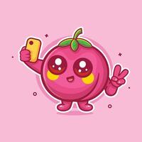 cheerful peach fruit character mascot taking a selfie with a smartphone isolated cartoon vector