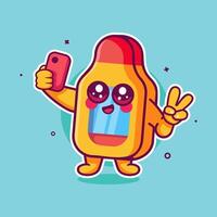 happy thermometer character mascot taking a selfie with a smartphone isolated cartoon in flat style design vector