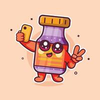 cheerful vaccine bottle character mascot taking a selfie with a smartphone isolated cartoon vector
