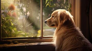 goldenretriever dog looking out window of house photo