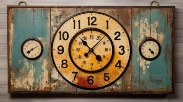 weathered clock hanging on wall photo