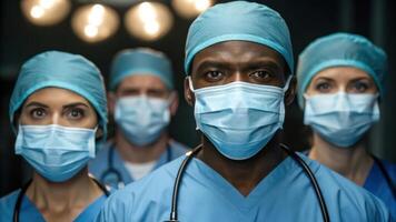 Group of doctors wearing surgical masks photo