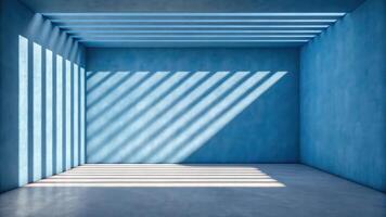 An empty room with blue walls and a light coming through the window photo
