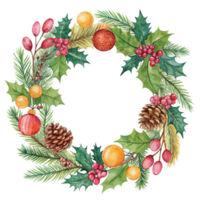 Festive watercolor wreath featuring holly berries pinecones and ornaments on a Ideal for holiday cards and decorations Bright isolated on transparent background png