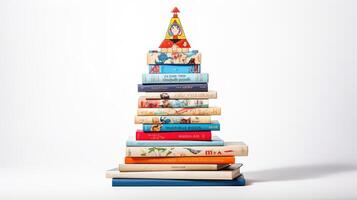 pyramid stack of books on white background photo