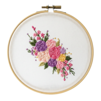 Embroidered floral artwork display home studio crafting content artistic environment close-up view creative expression png