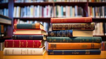 library stack of text books photo