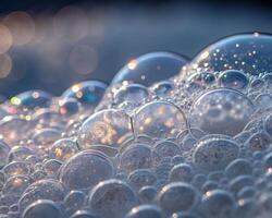 Close-up of shampoo foam in slow motion enhancing hygiene indoor bathroom water and air bubbles aesthetic view photo