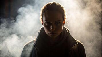 Dramatic shadow portrait of a person emerging from smoke dimly lit studio captivating atmosphere intense viewpoint photo