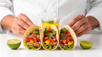 Wine pairing experience chef skillfully prepares fresh tacos with vibrant ingredients at a culinary event photo