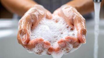Hygiene action close-up of hands with antibacterial soap bathroom setting cleanliness concept photo