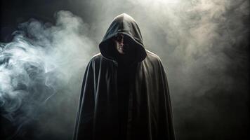Mysterious shadow figure in a hooded cloak dimly lit environment dark atmosphere captivating concept photo
