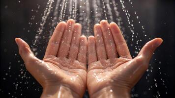 Hygiene practices with clean hands under water droplets close-up shot indoor setting focus on water and cleanliness photo