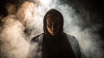 Mysterious figure in shadows dramatic portrait photography smoky environment intense contrast emergence of identity photo