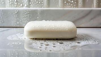 Enhancing hygiene close-up of a bar of soap with bubbles on a wet surface home bathroom environment high-quality image photo