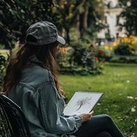 A woman sitting on a bench in a park holding a drawing photo