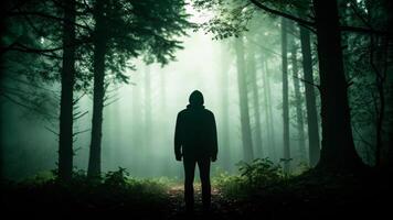 Mysterious shadow of a person standing in dark forest eerie atmosphere nature photography foggy environment photo