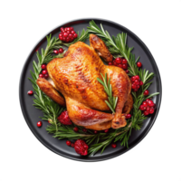 roasted turkey with rosemary and cranberries on a black plate isolated on transparent background png
