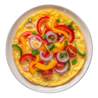 an omelet with vegetables on top of a white plate png