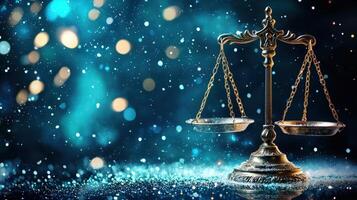 Brass scales of justice legal balancing on a glittering surface with a beautiful bokeh effect, conveying a sense fairness, law, and equality, 4K photo