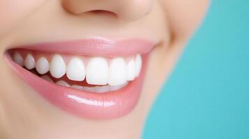 Smiling happy woman displaying pristine white teeth, representing optimal dental personal care standards photo