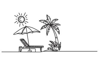 One continuous single drawing black line art doodle of beach sunbed with an umbrella and chair outline vector