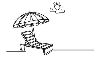 One continuous single drawing black line art doodle of beach sunbed with an umbrella and chair outline illustration on white background vector