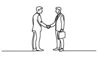 continuous one single line art doodle drawing of two businessman shaking hands illustration vector