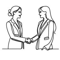 continuous one single line art doodle drawing of two businesswoman shaking hands vector