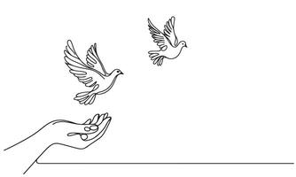 continuous one single line art doodle drawing of dove or pigeon flying out of child hand vector