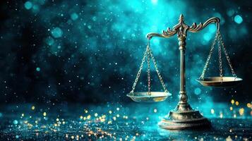 Brass scales of symbol justice legal balancing on a glittering surface with a beautiful bokeh effect, sense of fairness, law, and equality, 4K photo