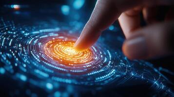 Futuristic glowing interface with digital concentric circles is being activated by a finger human and robotic intelligence photo