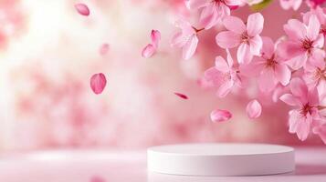 Soft cherry blossom flower petals drifting onto white podium, presenting elegant mockup product showcase against pale pink spring background photo