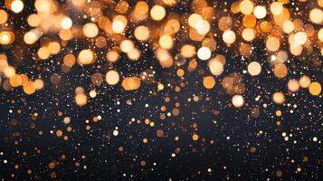 Sparkling golden bokeh lights glimmering against dark abstract background, festive celebration and elegant event mood photo