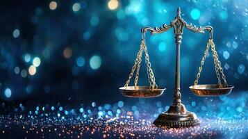 Brass scales justice legal balancing on a glittering surface with a beautiful bokeh effect, conveying a sense of fairness, law, and equality, 4K photo