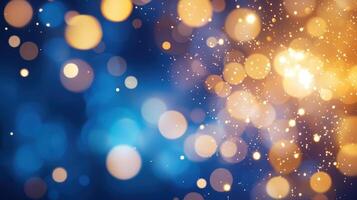 abstract Golden particles shimmering on a dark blue background, creating a magical bokeh glitter effect, festive celebrations, 4K photo