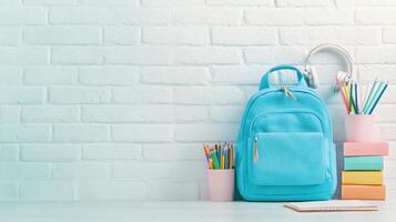 Stylish light blue backpack with colorful pencils on white table against brick wall background, ready for back to school Copy space 4K photo