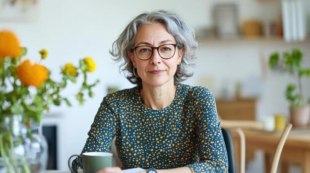 Focused mature middle-aged woman using digital tablet and taking notes while working remotely from home photo