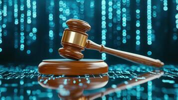 Green digital binary code forming a judge gavel, symbolizing cyber law, justice, and online crime technology in the digital age gavel, 4K photo