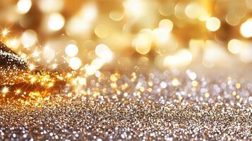 Sparkling golden bokeh lights glimmering against abstract background, conveying celebration and elegant event mood photo