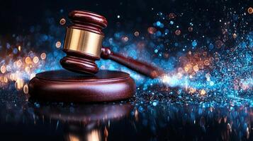Legal gavel hammer falling near digital binary stream, symbolizing virtual courtroom technology metaverse legislation, 4K photo