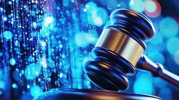 Legal gavel hammer falling near digital binary stream, symbolizing virtual courtroom and emerging metaverse legislation, 4K photo