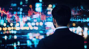 Businessman looking at holographic stock market data projected on a blurred night cityscape, representing investment analysis and financial trends photo