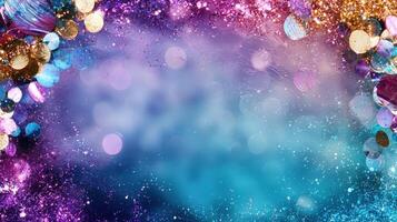 Vibrant abstract bokeh background with sparkling confetti, generating festive mood for celebratory event or holiday design photo