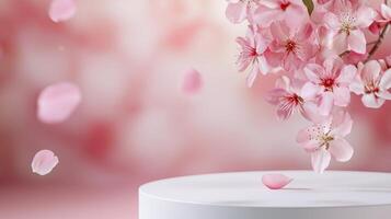 Soft 3d cherry blossom flower petals drifting onto white podium, presenting elegant product showcase against pale pink spring background Copy space for text photo