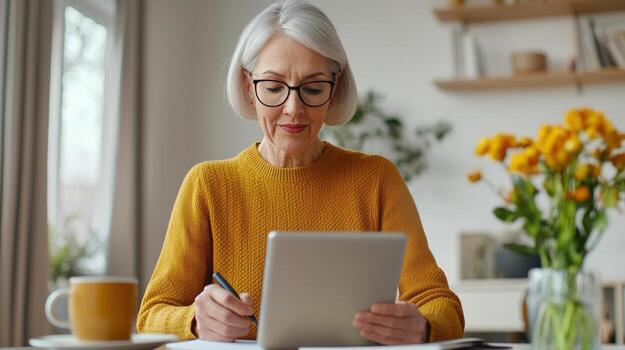 Focused mature businesswoman using digital tablet and taking notes while working remotely from home photo