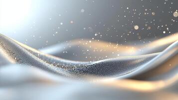 Luxurious golden silk abstract glitter lights fabric flowing with on light blue background creates elegant and festive atmosphere photo