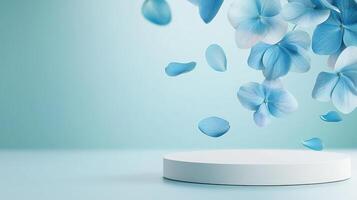Soft blue flower spring background featuring white podium, cascading hydrangea blossoms elegantly framing minimalist product display surface photo