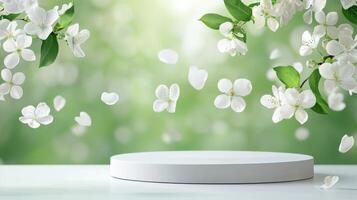 White spring podium showcasing beauty products amidst a shower of falling flowers petals, creating a romantic and luxurious atmosphere green background photo